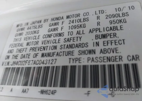 2010 Acura Tsx 2.4 from USA, damaged, VIN JH4CU2F67AC043127